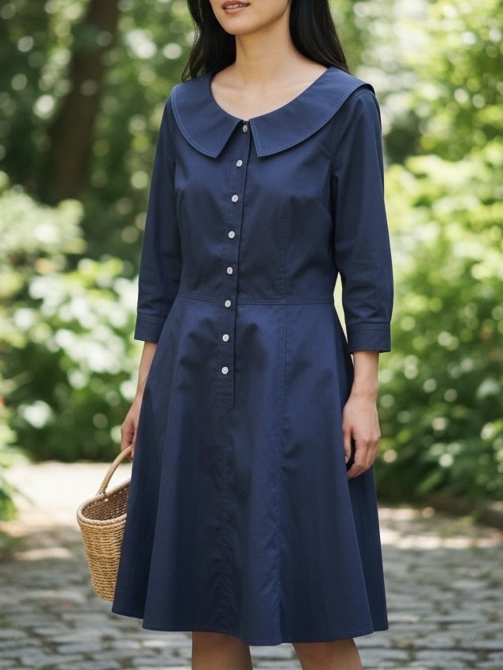 PELL & CO. Navy Button-Front A-Line Peter Pan Collar 3/4 Sleeve Dress Sz 10